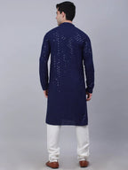 Jompers Men's Navy Blue Chikankari Embroidered and Sequence Kurta with Churidar | Grocsy