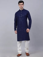 Jompers Men's Navy Blue Chikankari Embroidered and Sequence Kurta with Churidar | Grocsy