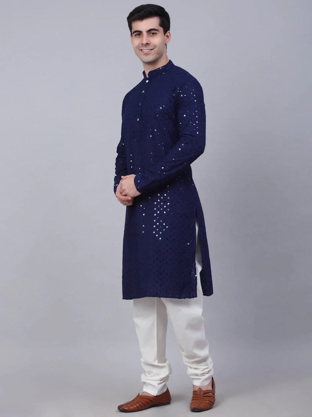 Jompers Men's Navy Blue Chikankari Embroidered and Sequence Kurta with Churidar | Grocsy