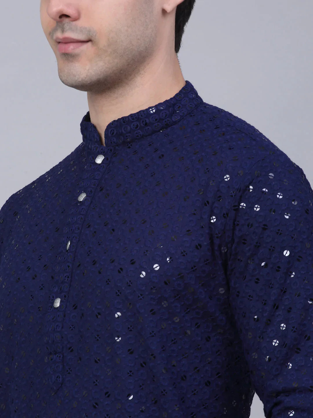 Jompers Men's Navy Blue Chikankari Embroidered and Sequence Kurta with Churidar | Grocsy