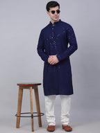 Jompers Men's Navy Blue Chikankari Embroidered and Sequence Kurta with Churidar | Grocsy
