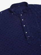 Jompers Men's Navy Blue Chikankari Embroidered and Sequence Kurta with Churidar | Grocsy
