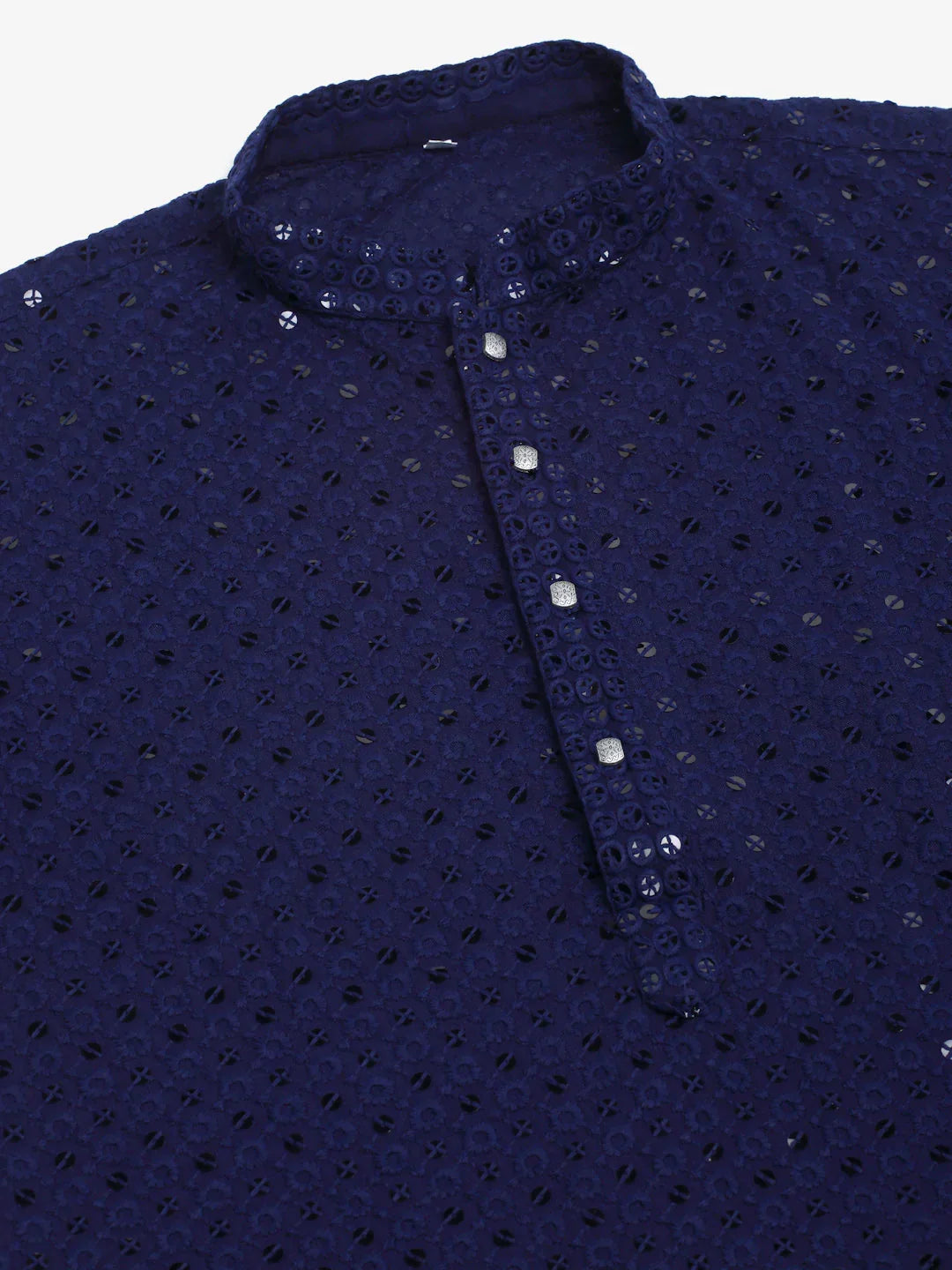 Jompers Men's Navy Blue Chikankari Embroidered and Sequence Kurta with Churidar | Grocsy