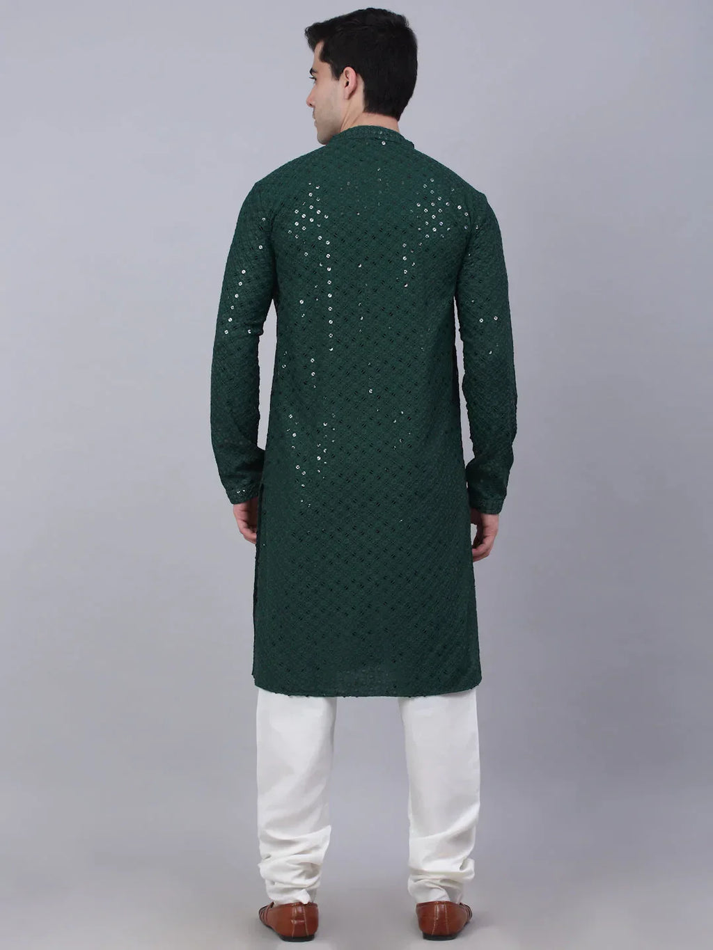 Jompers Men's Olive Green Chikankari Embroidered and Sequence Kurta with Churidar | Grocsy