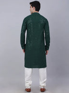 Jompers Men's Olive Green Chikankari Embroidered and Sequence Kurta with Churidar | Grocsy