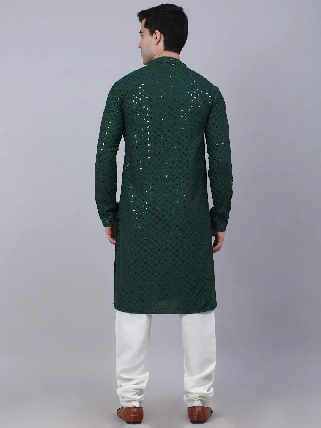 Jompers Men's Olive Green Chikankari Embroidered and Sequence Kurta with Churidar | Grocsy