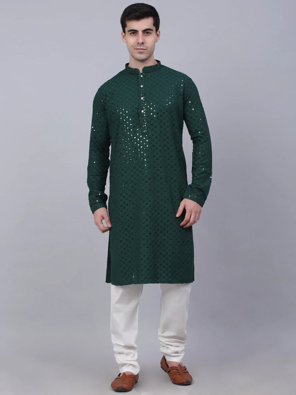 Jompers Men's Olive Green Chikankari Embroidered and Sequence Kurta with Churidar | Grocsy