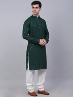 Jompers Men's Olive Green Chikankari Embroidered and Sequence Kurta with Churidar | Grocsy