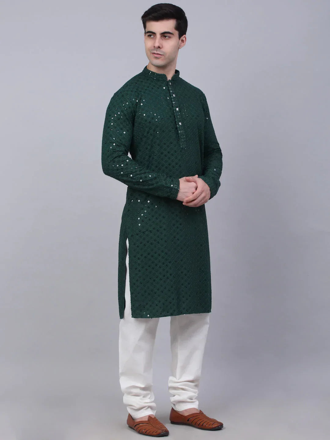 Jompers Men's Olive Green Chikankari Embroidered and Sequence Kurta with Churidar | Grocsy