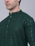 Jompers Men's Olive Green Chikankari Embroidered and Sequence Kurta with Churidar | Grocsy