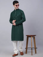 Jompers Men's Olive Green Chikankari Embroidered and Sequence Kurta with Churidar | Grocsy