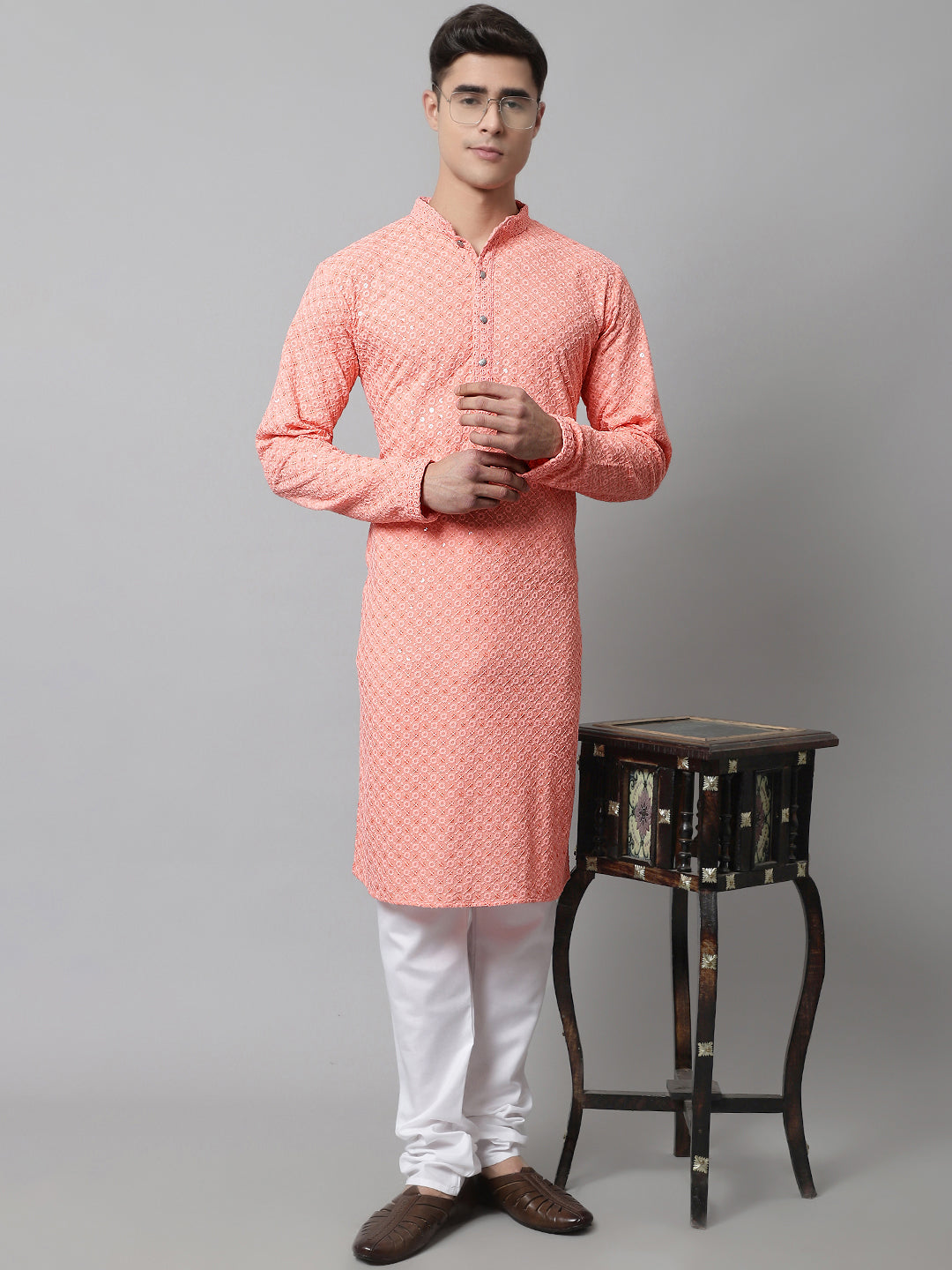 Jompers Men's Peach Chikankari Embroidered and Sequence Kurta with Churidar | Grocsy