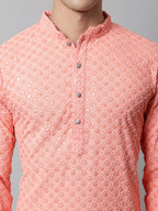 Jompers Men's Peach Chikankari Embroidered and Sequence Kurta with Churidar | Grocsy