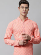 Jompers Men's Peach Chikankari Embroidered and Sequence Kurta with Churidar | Grocsy