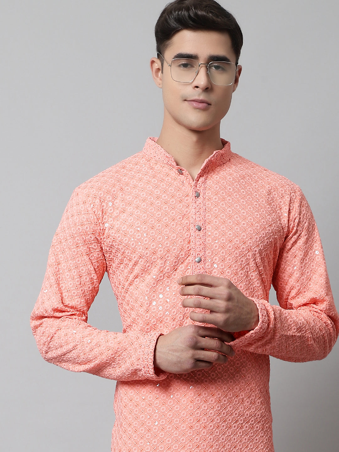 Jompers Men's Peach Chikankari Embroidered and Sequence Kurta with Churidar | Grocsy