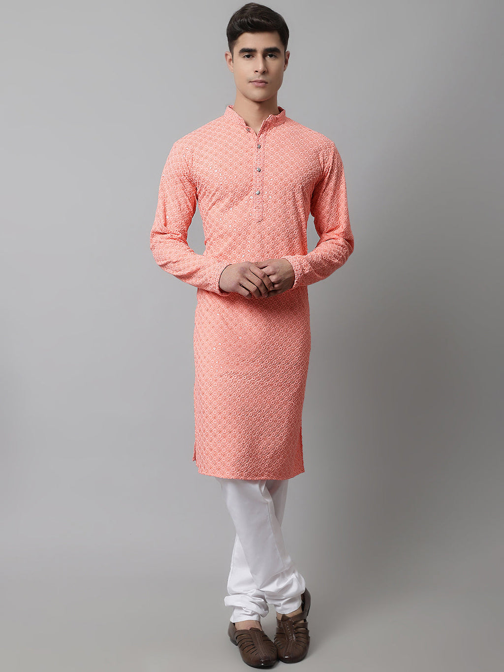 Jompers Men's Peach Chikankari Embroidered and Sequence Kurta with Churidar | Grocsy