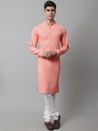 Jompers Men's Peach Chikankari Embroidered and Sequence Kurta with Churidar | Grocsy