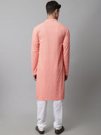 Jompers Men's Peach Chikankari Embroidered and Sequence Kurta with Churidar | Grocsy