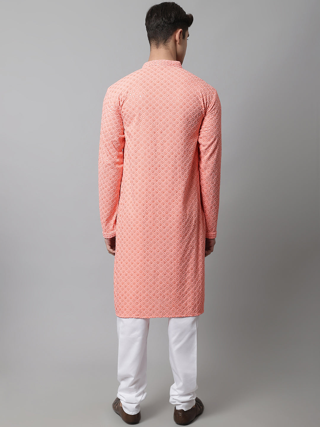 Jompers Men's Peach Chikankari Embroidered and Sequence Kurta with Churidar | Grocsy