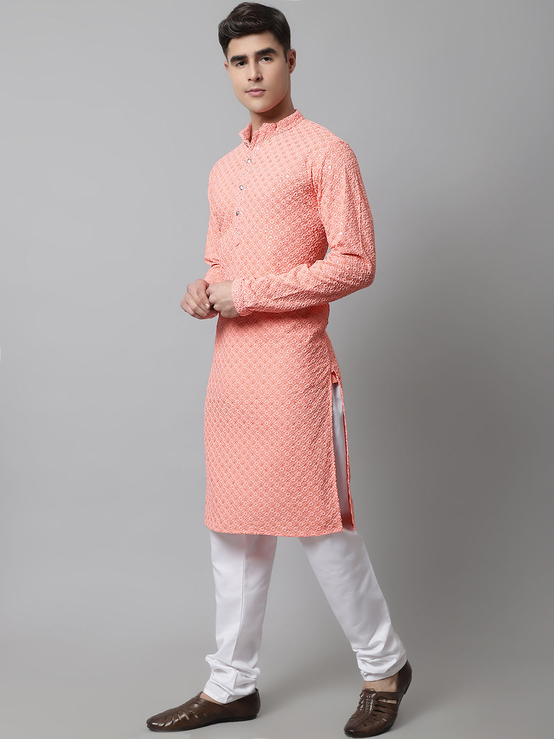 Jompers Men's Peach Chikankari Embroidered and Sequence Kurta with Churidar | Grocsy