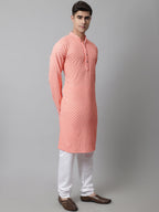 Jompers Men's Peach Chikankari Embroidered and Sequence Kurta with Churidar | Grocsy