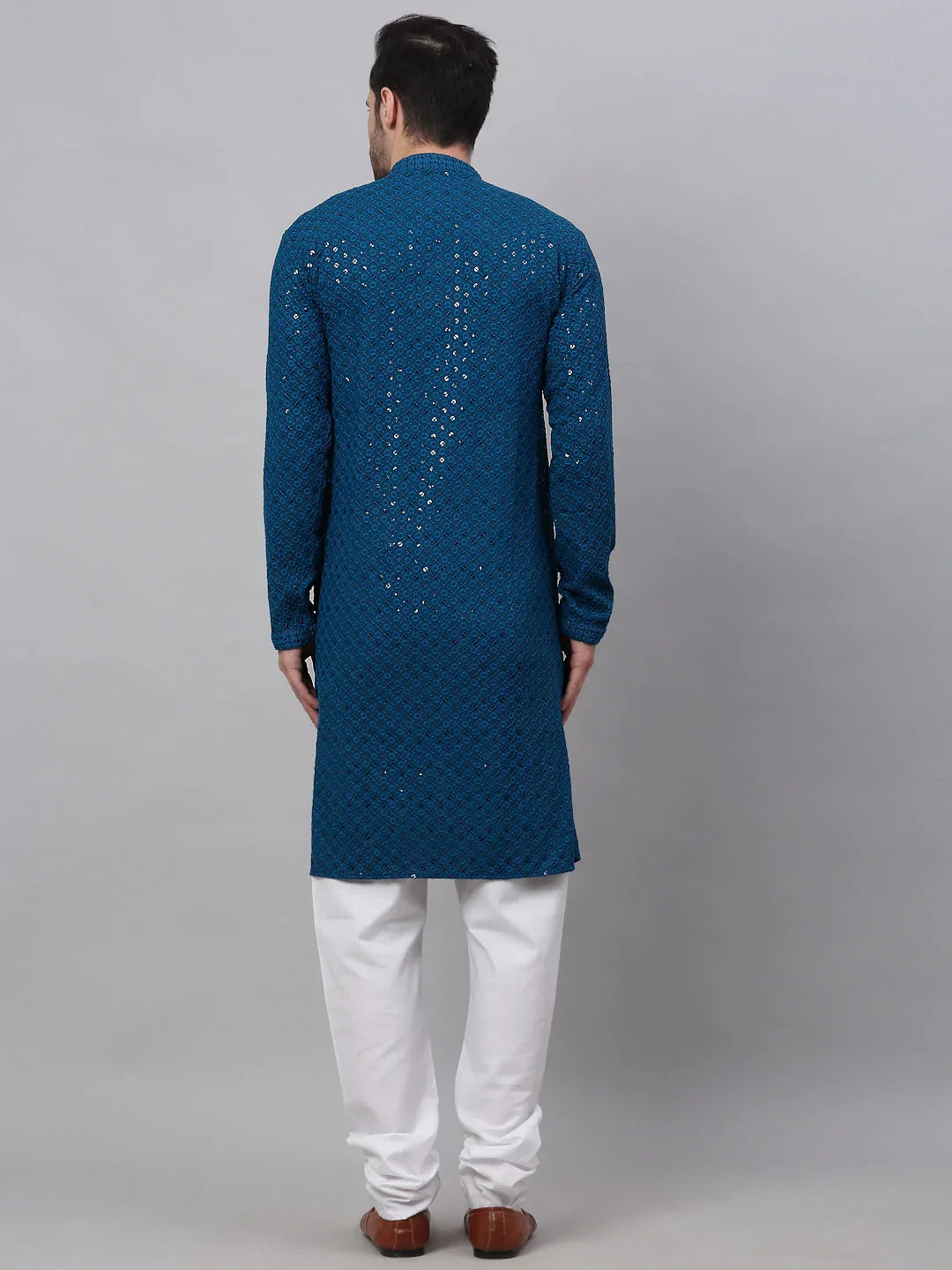 Jompers Men's Blue Chikankari Embroidered and Sequence Kurta with Churidar | Grocsy