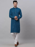 Jompers Men's Blue Chikankari Embroidered and Sequence Kurta with Churidar | Grocsy
