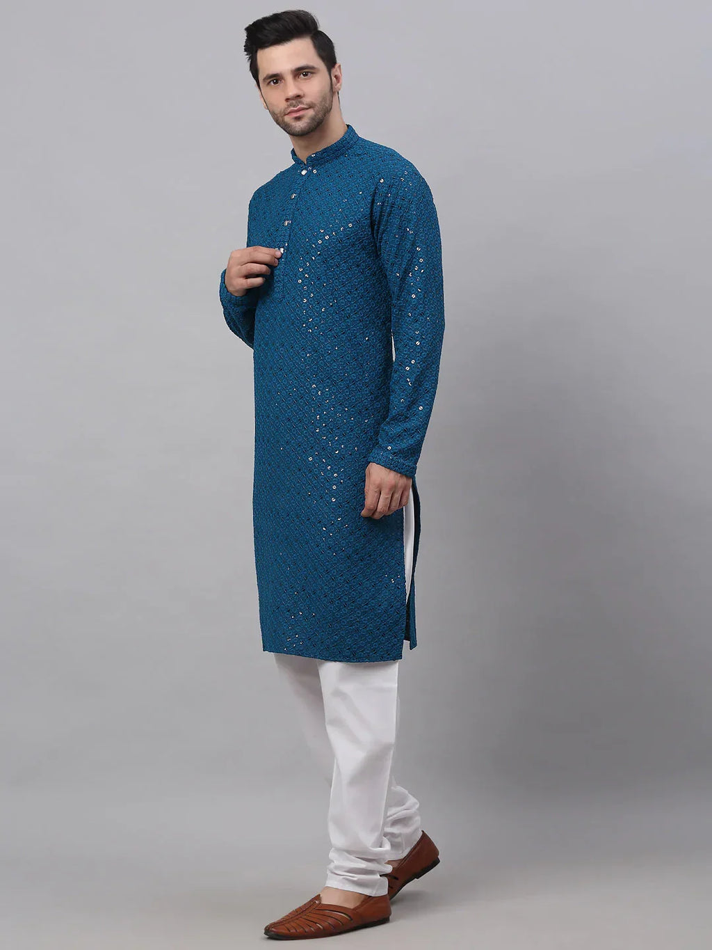Jompers Men's Blue Chikankari Embroidered and Sequence Kurta with Churidar | Grocsy