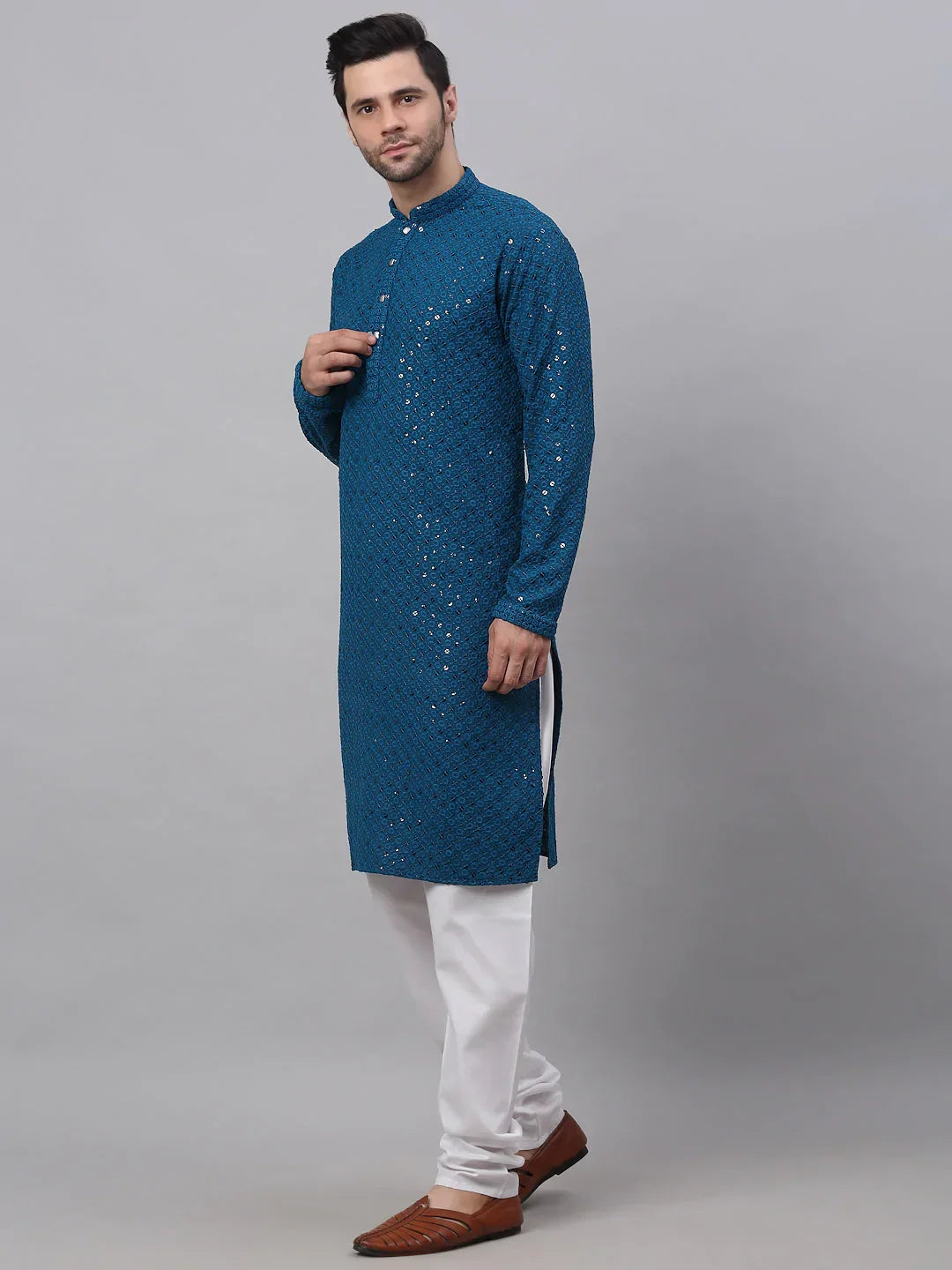 Jompers Men's Blue Chikankari Embroidered and Sequence Kurta with Churidar | Grocsy
