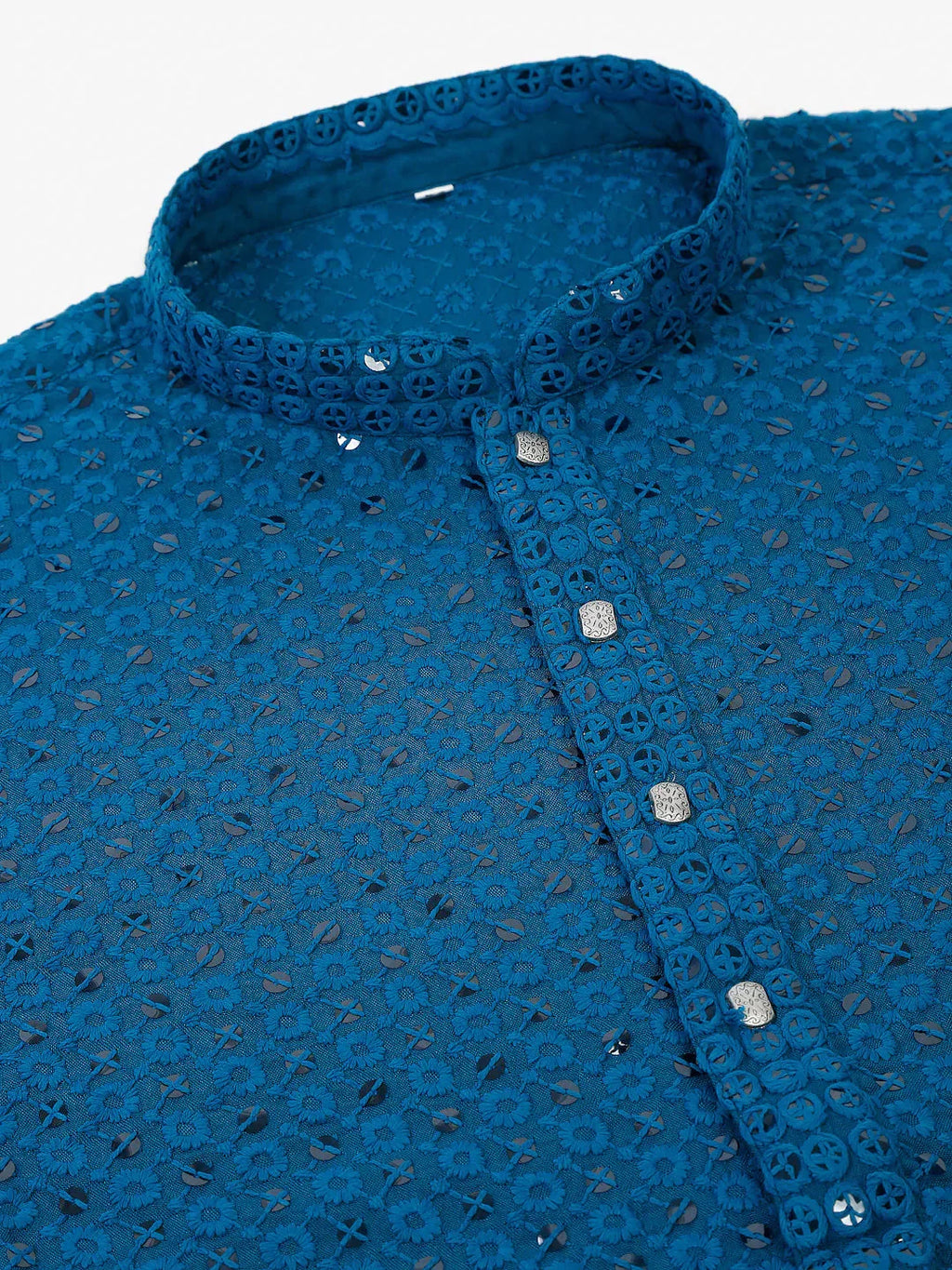 Jompers Men's Blue Chikankari Embroidered and Sequence Kurta with Churidar | Grocsy