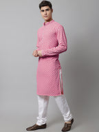 Jompers Men's Pink Chikankari Embroidered and Sequence Kurta with Churidar | Grocsy