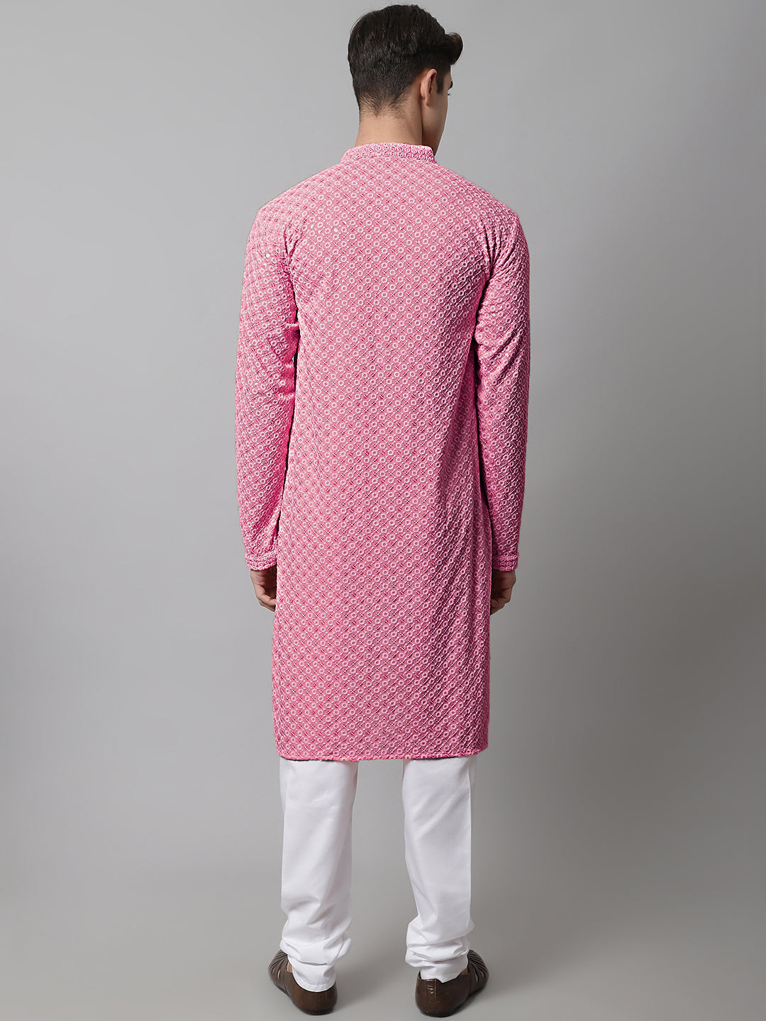 Jompers Men's Pink Chikankari Embroidered and Sequence Kurta with Churidar | Grocsy