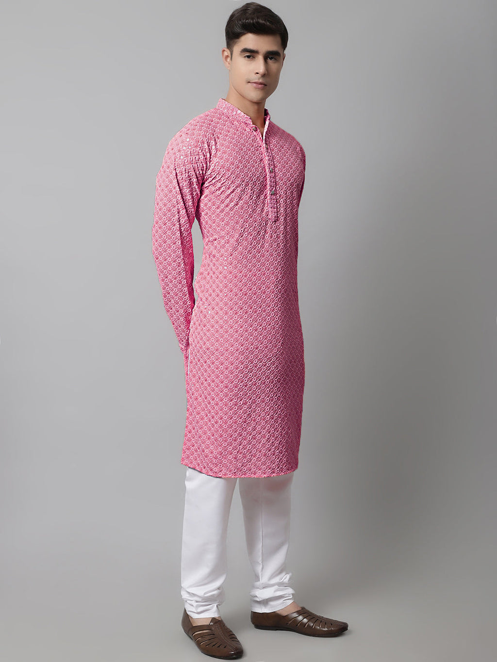 Jompers Men's Pink Chikankari Embroidered and Sequence Kurta with Churidar | Grocsy