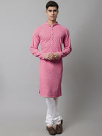Jompers Men's Pink Chikankari Embroidered and Sequence Kurta with Churidar | Grocsy