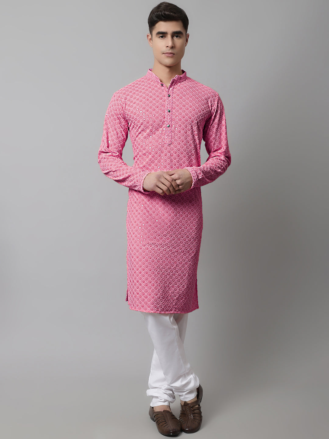 Jompers Men's Pink Chikankari Embroidered and Sequence Kurta with Churidar | Grocsy
