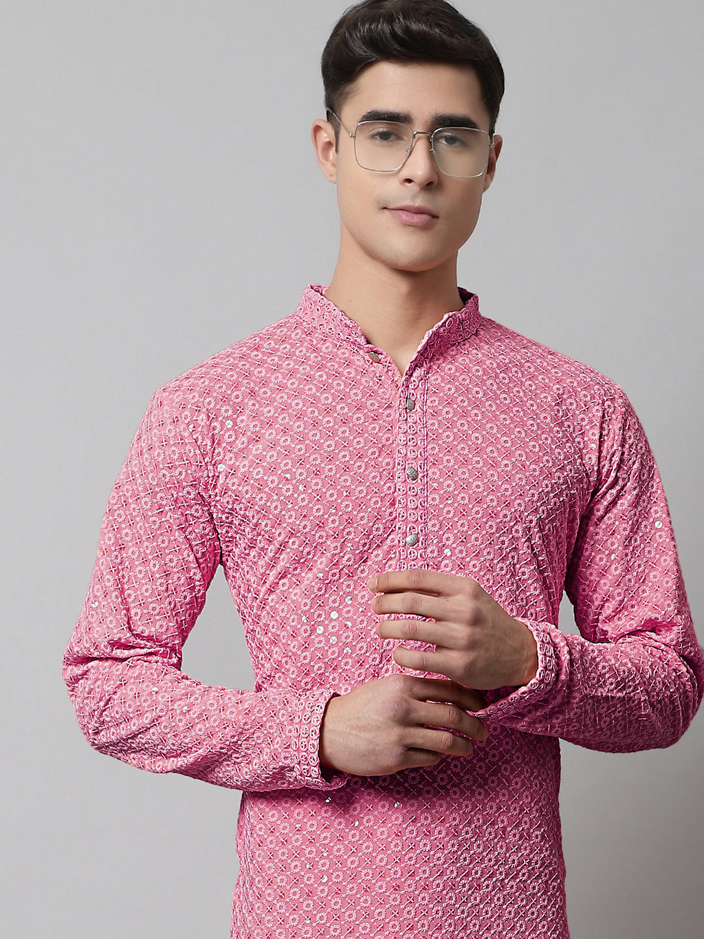 Jompers Men's Pink Chikankari Embroidered and Sequence Kurta with Churidar | Grocsy