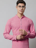 Jompers Men's Pink Chikankari Embroidered and Sequence Kurta with Churidar | Grocsy