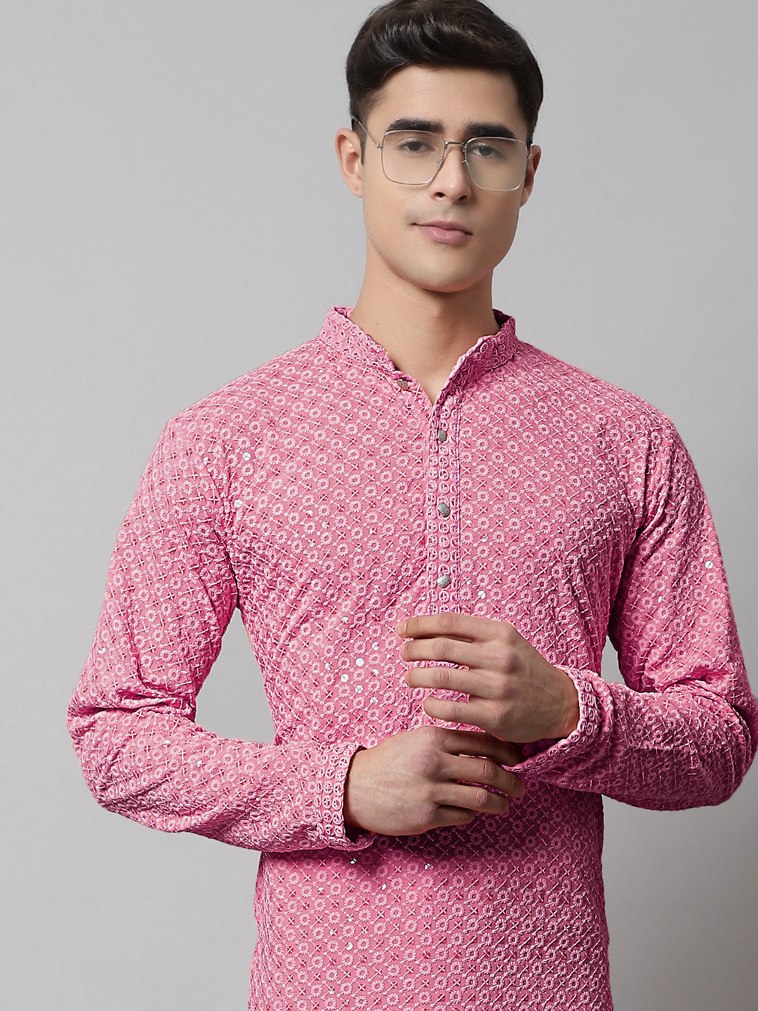 Jompers Men's Pink Chikankari Embroidered and Sequence Kurta with Churidar | Grocsy