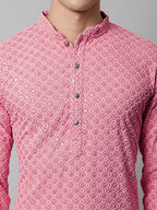 Jompers Men's Pink Chikankari Embroidered and Sequence Kurta with Churidar | Grocsy