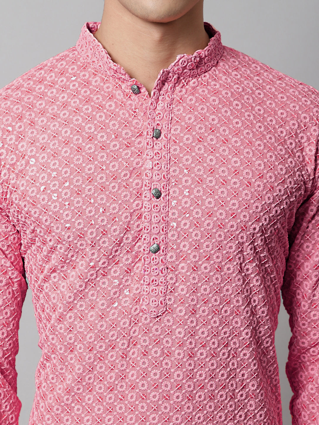 Jompers Men's Pink Chikankari Embroidered and Sequence Kurta with Churidar | Grocsy