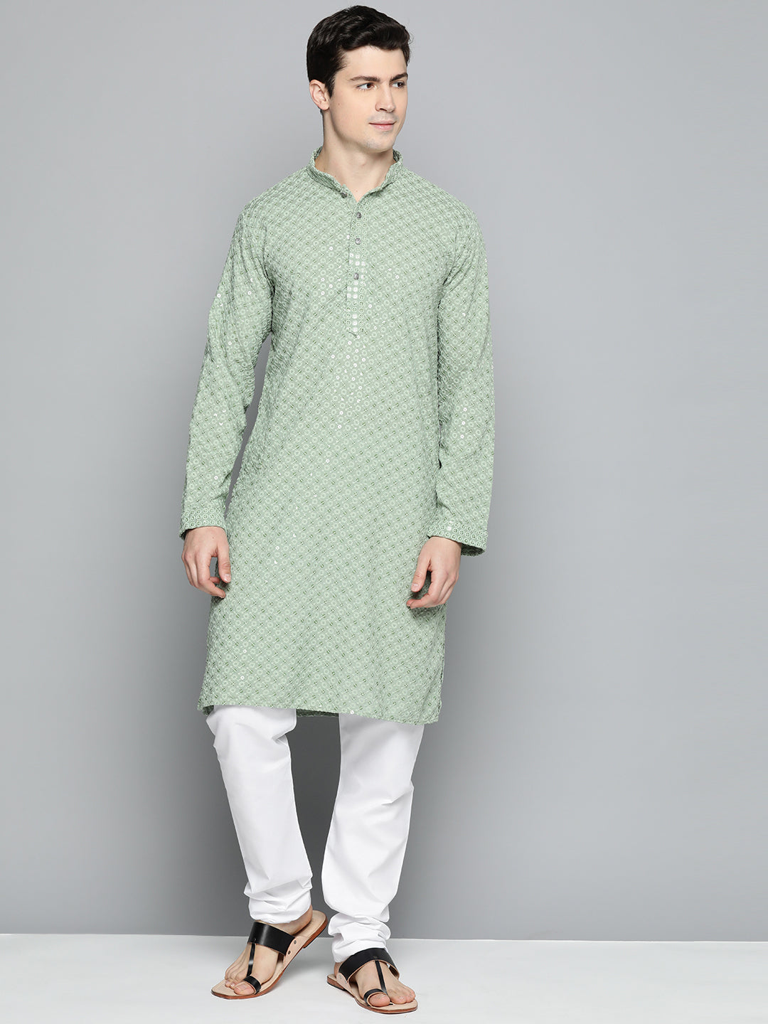 Jompers Men's Pista Green Chikankari Embroidered and Sequence Kurta with Churidar | Grocsy