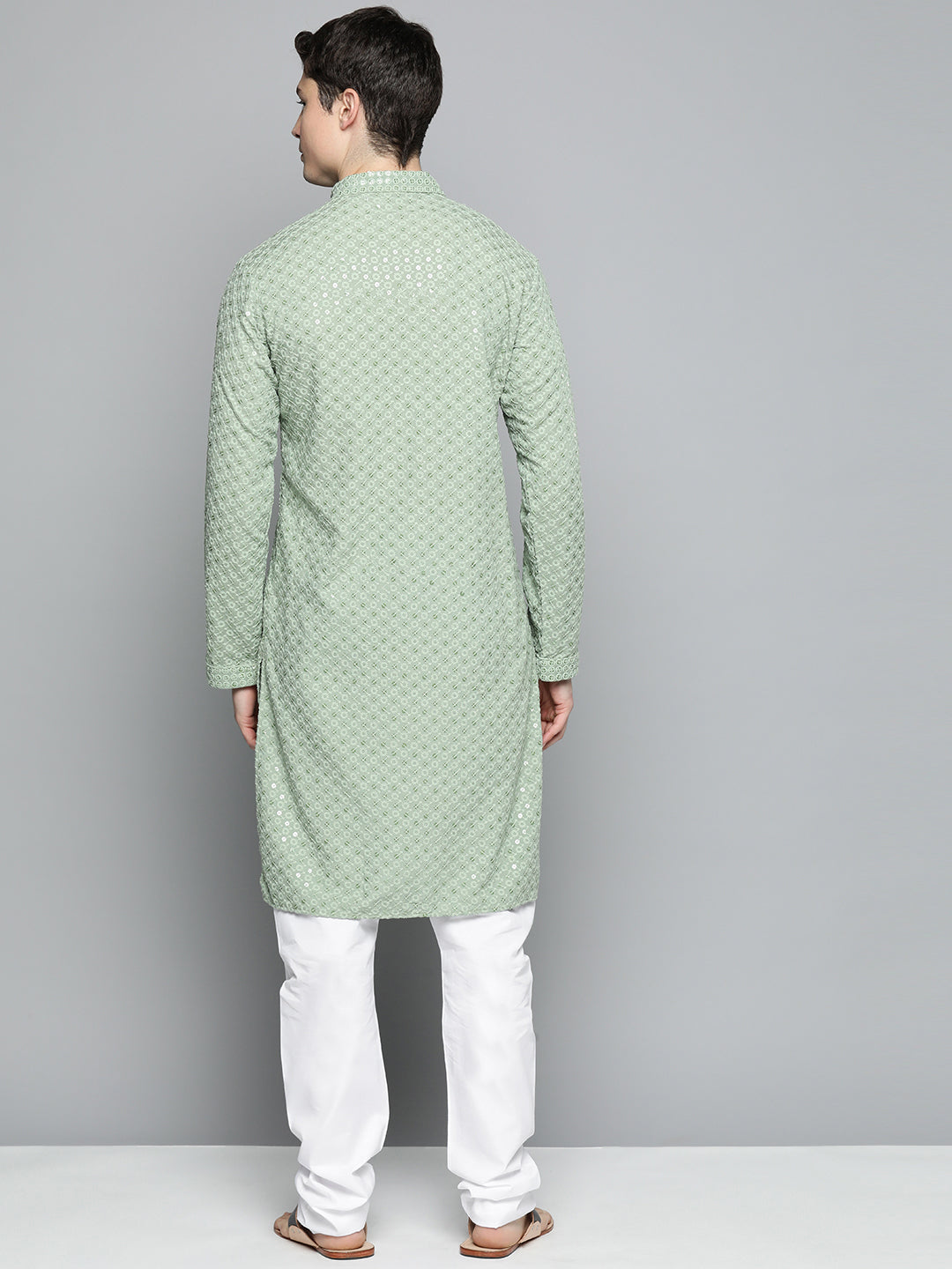 Jompers Men's Pista Green Chikankari Embroidered and Sequence Kurta with Churidar | Grocsy