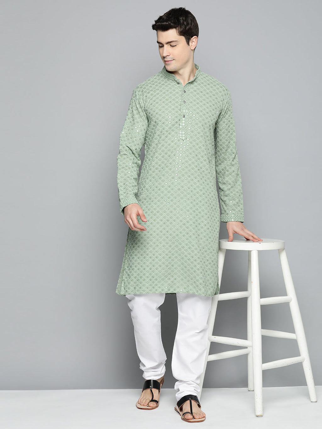 Jompers Men's Pista Green Chikankari Embroidered and Sequence Kurta with Churidar | Grocsy