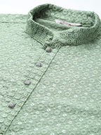 Jompers Men's Pista Green Chikankari Embroidered and Sequence Kurta with Churidar | Grocsy