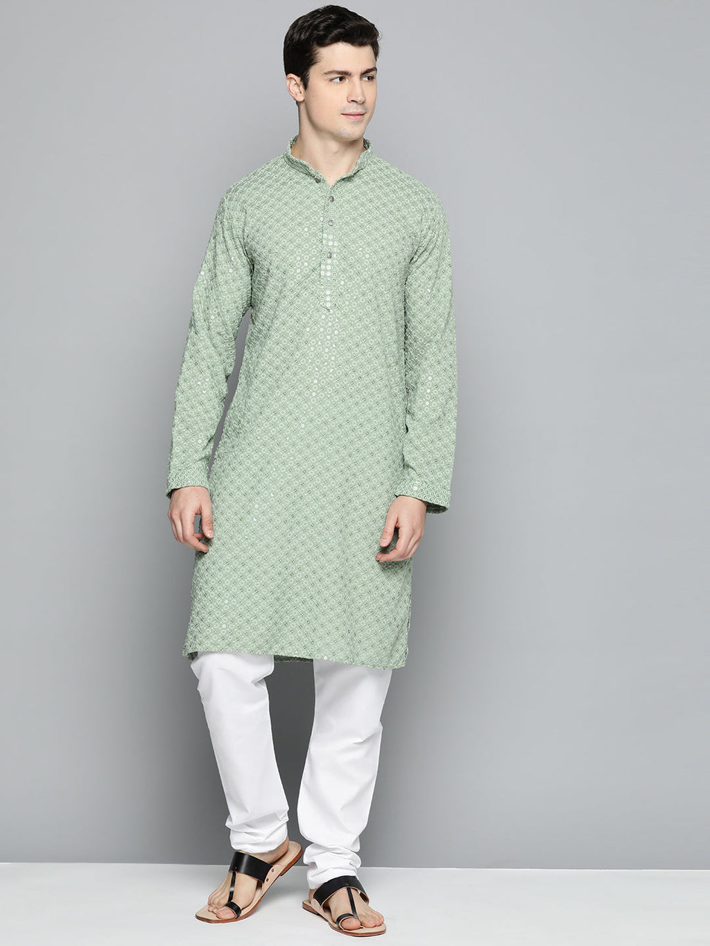 Jompers Men's Green Chikankari Embroidered and Sequence Kurta with Churidar | Grocsy