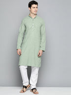 Jompers Men's Green Chikankari Embroidered and Sequence Kurta with Churidar | Grocsy