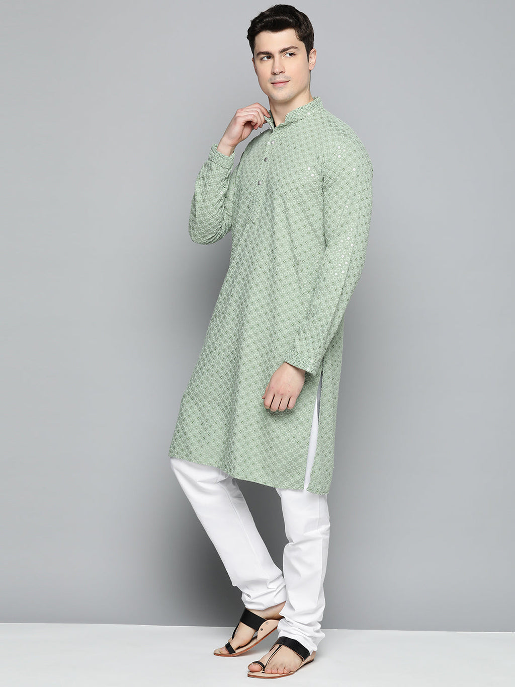 Jompers Men's Green Chikankari Embroidered and Sequence Kurta with Churidar | Grocsy