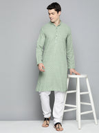Jompers Men's Green Chikankari Embroidered and Sequence Kurta with Churidar | Grocsy