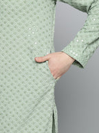 Jompers Men's Green Chikankari Embroidered and Sequence Kurta with Churidar | Grocsy