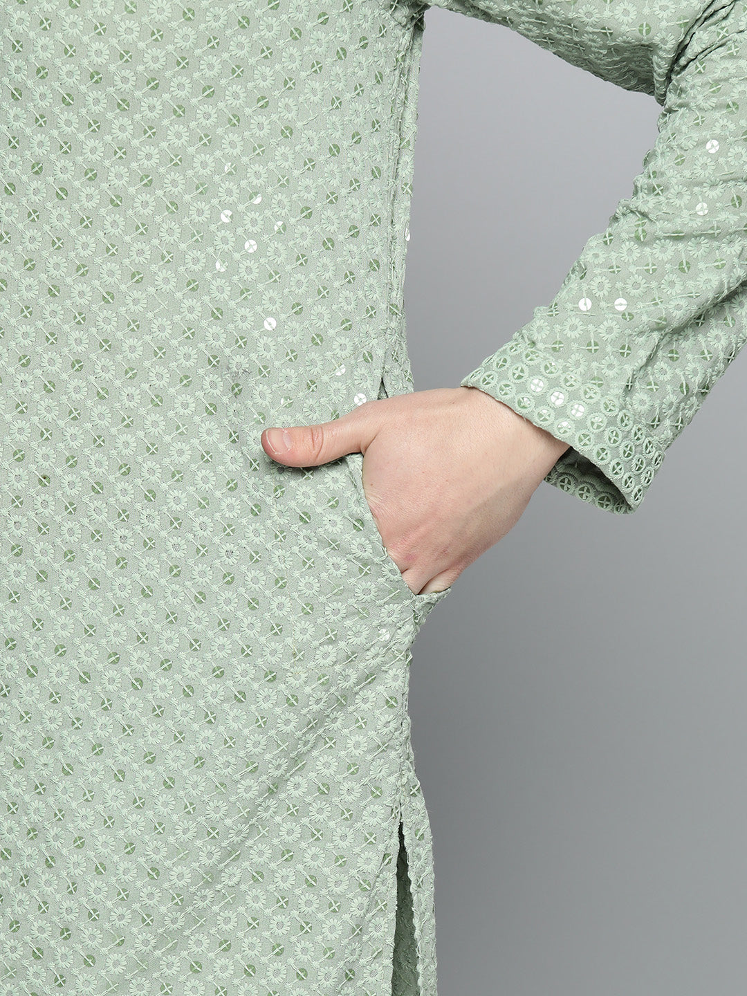 Jompers Men's Green Chikankari Embroidered and Sequence Kurta with Churidar | Grocsy
